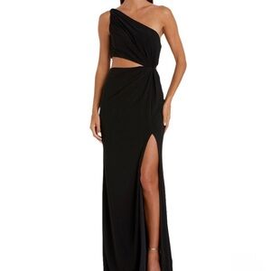 Mac Duggal One Shoulder Ruched Cut Out Black Dress
